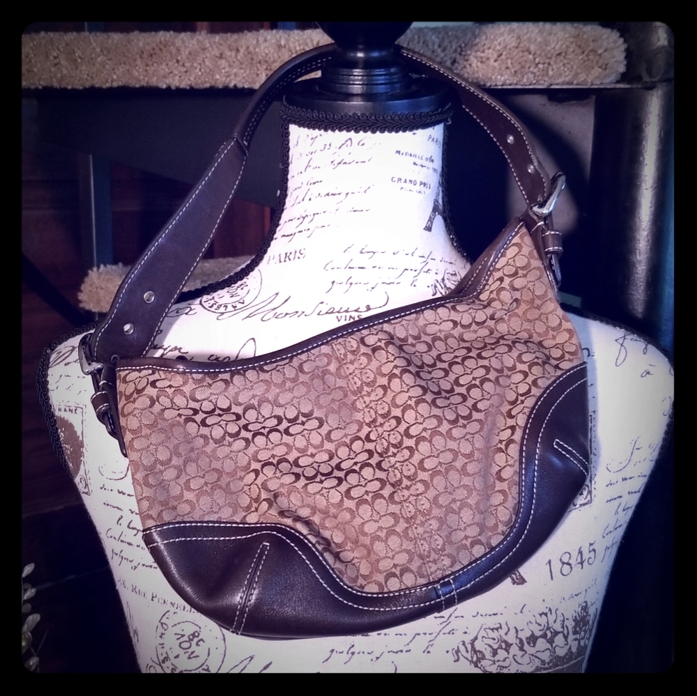 Coach Brown Signature Jacquard and Dark Brown Leather Shoulder Bag